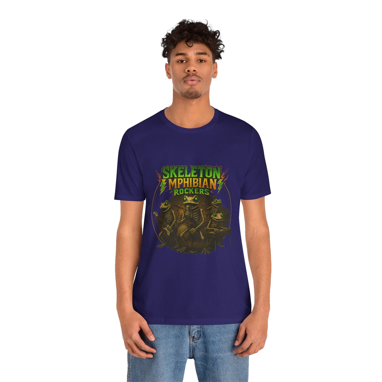 Skeleton Amphibian Rockers Album Cover Tee - Green Eyed Skeleton Frog Band Vocal Guitar Piano Drums Rock Art Shirt