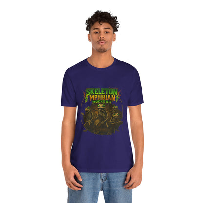 Skeleton Amphibian Rockers Album Cover Tee - Green Eyed Skeleton Frog Band Vocal Guitar Piano Drums Rock Art Shirt