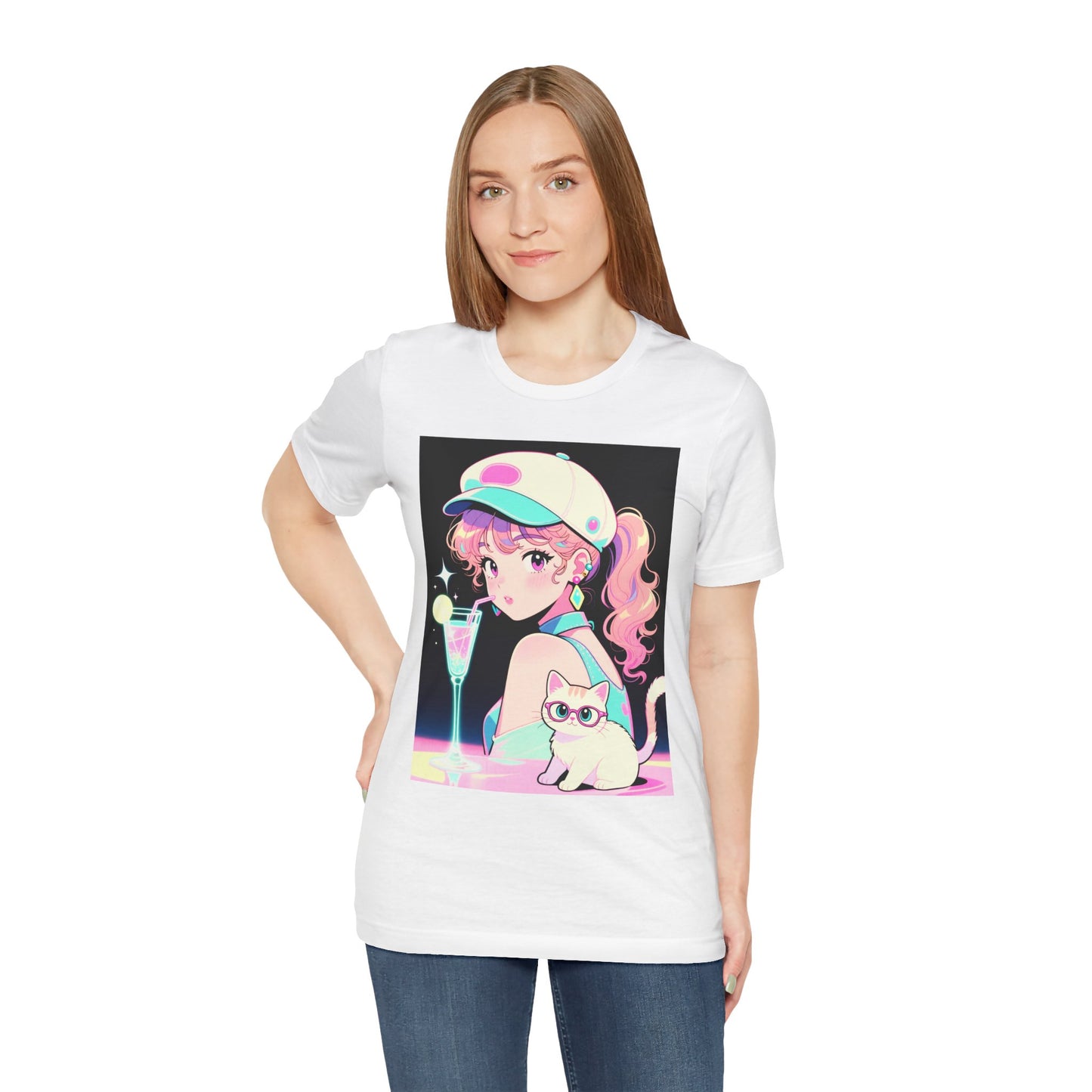 Retro Girl and Cat T Shirt Vaporwave Pastel Anime Shoujo Graphic Tee Neon Cocktail Aesthetic Kawaii Gift for Daughter or Dad Casual Streetwear