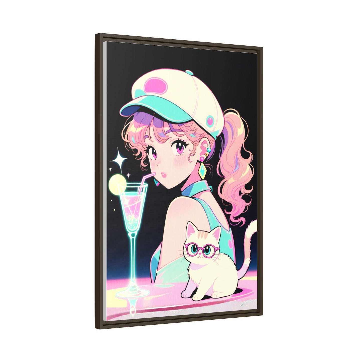 Retro Girl and Cat Canvas Vaporwave Pastel Anime Shoujo Wall Art Neon Cocktail Aesthetic Kawaii Gift for Daughter or Dad