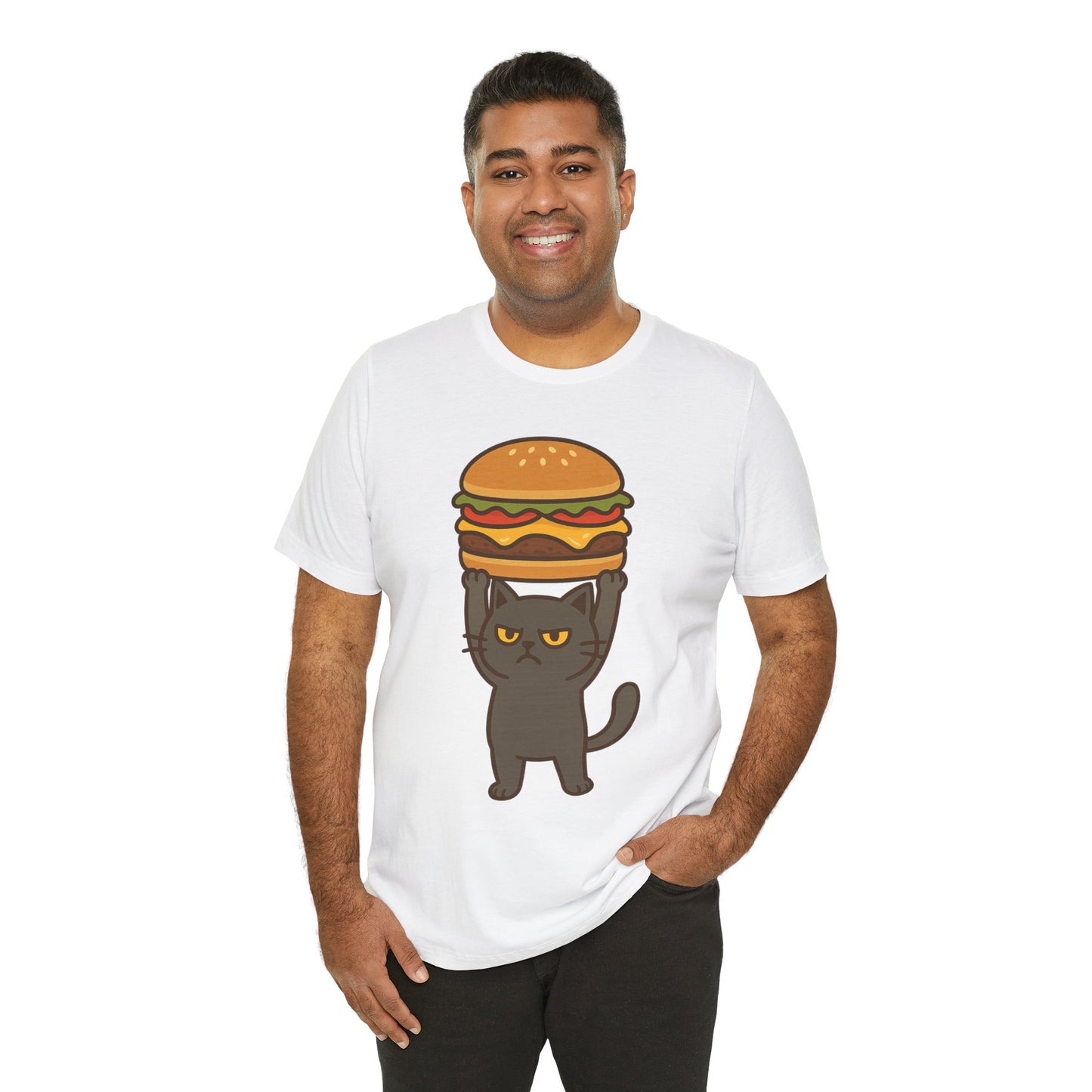 "Hanba-nyaa~" Cute Japanese Cat T-Shirt – Funny Burger & Cat Design – Kawaii Style Unisex Tee – Gift for Food & Cat Lovers