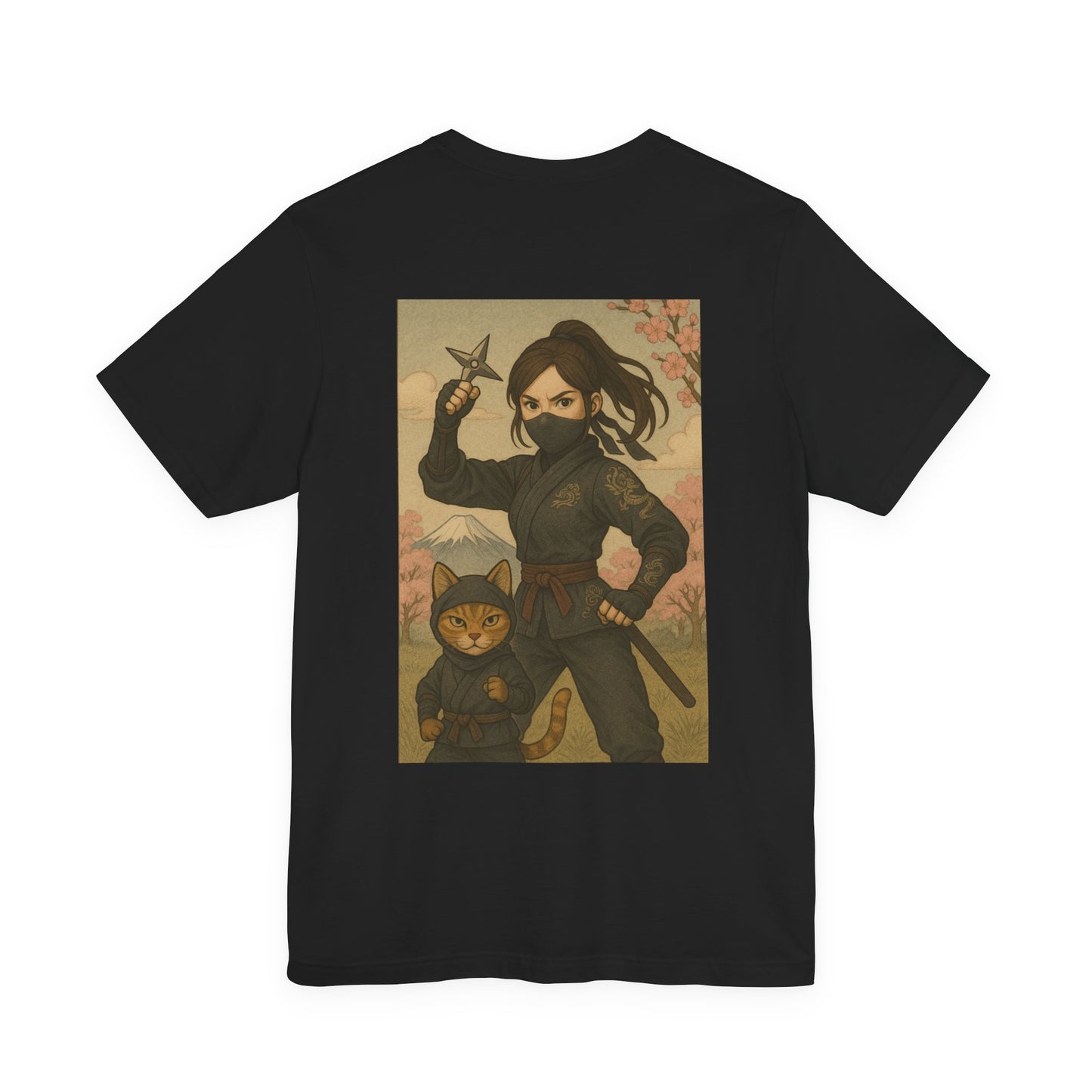 Ninja and Cat T-Shirt - Female Ninja in Black Outfit with Shuriken-Japanese Samurai Style, Mount Fuji, Cherry Blossoms-Cool Unisex Anime Tee