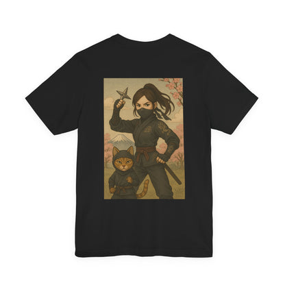 Ninja and Cat T-Shirt - Female Ninja in Black Outfit with Shuriken-Japanese Samurai Style, Mount Fuji, Cherry Blossoms-Cool Unisex Anime Tee