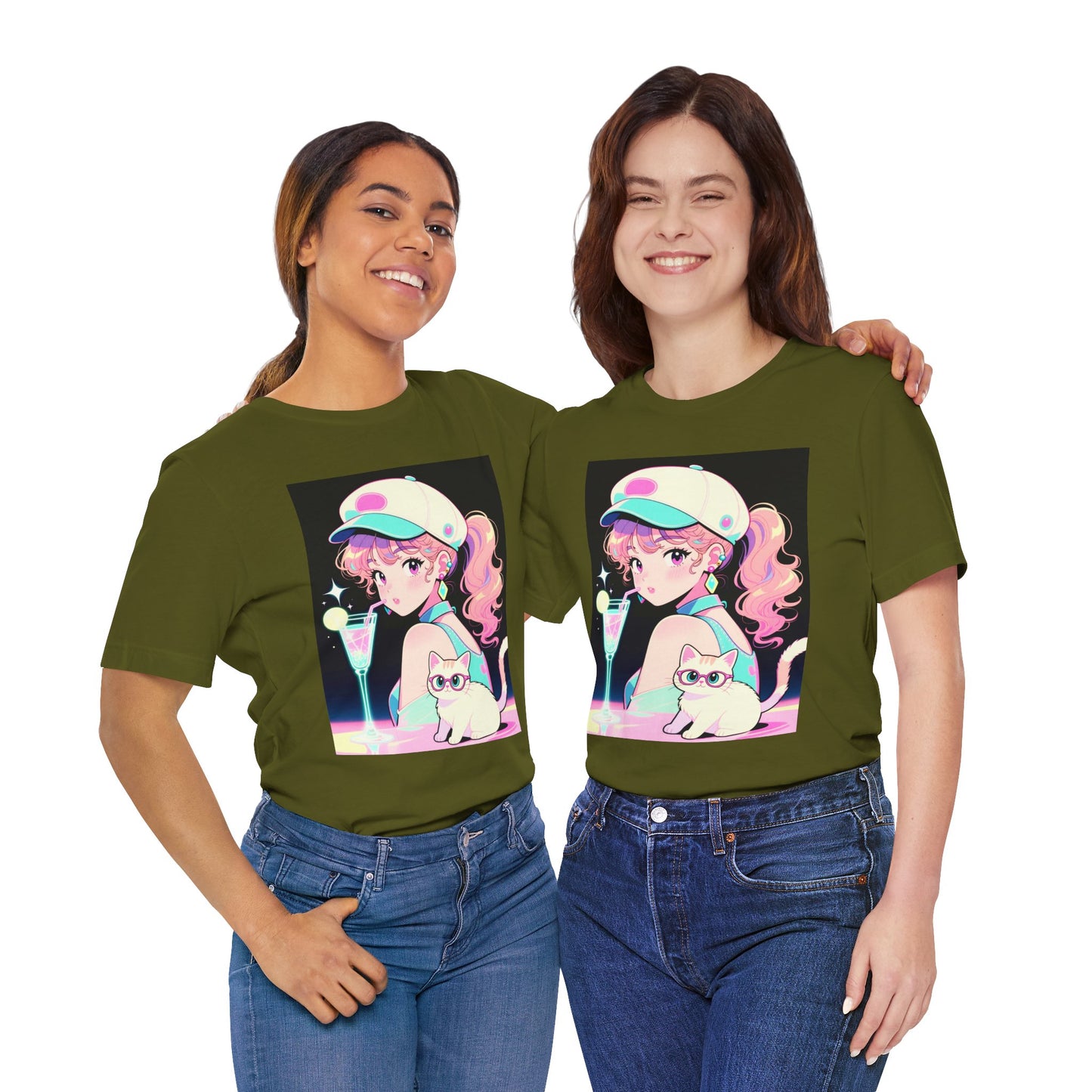 Retro Girl and Cat T Shirt Vaporwave Pastel Anime Shoujo Graphic Tee Neon Cocktail Aesthetic Kawaii Gift for Daughter or Dad Casual Streetwear
