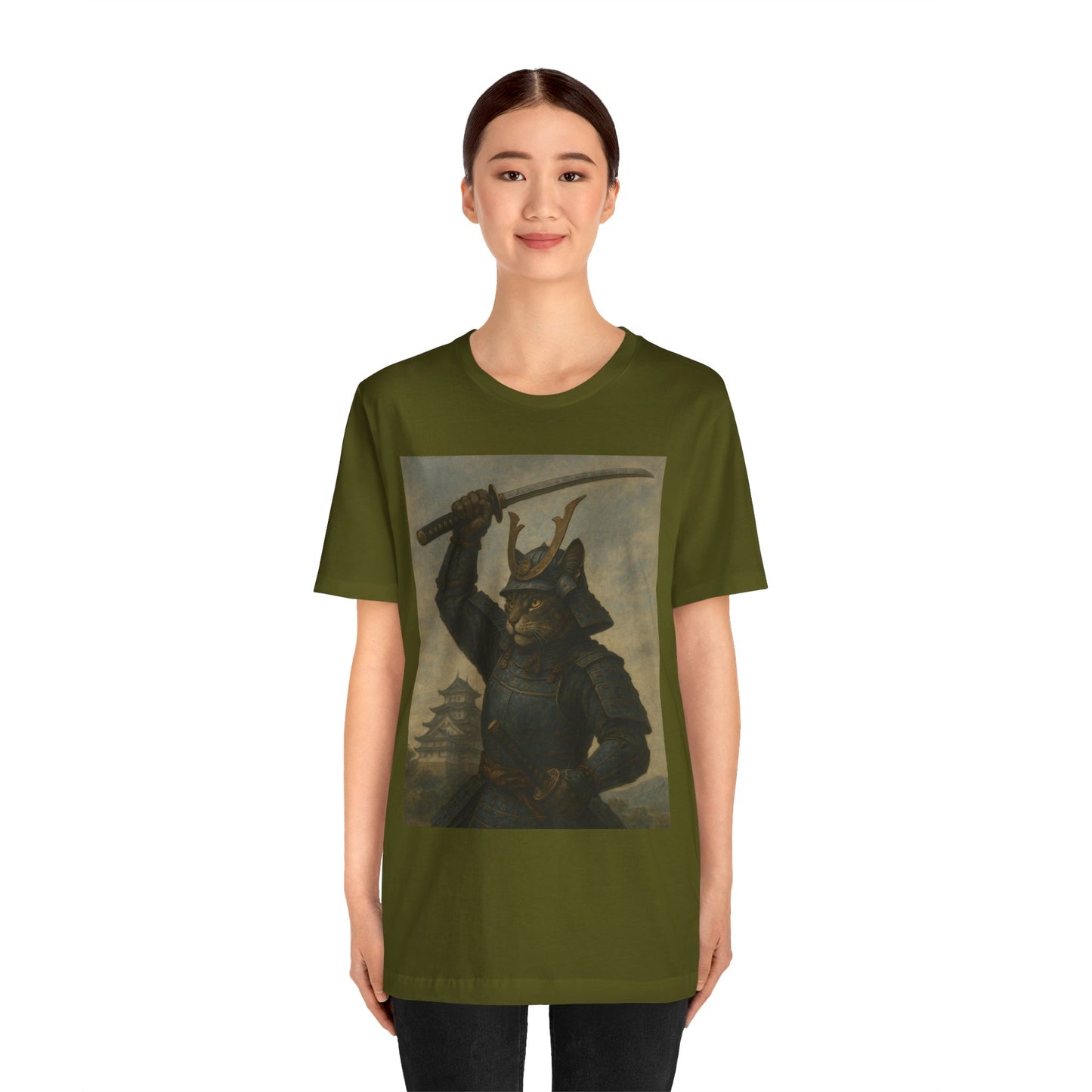 Cat Samurai Strike Tee | Epic Armored Feline Raising Katana | Japanese Warrior Art Unisex Shirt