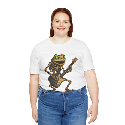 Skeleton Frog Shredding Electric Guitar Tee - Glowing Green Eyes Rock Art Shirt for Musicians Frog Lovers and Gothic Punk Style