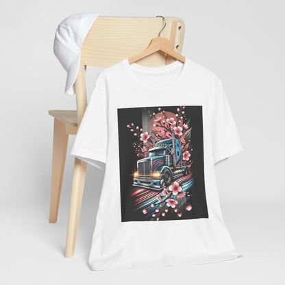 Cherry Blossom Convoy T-Shirt | Japanese Sakura x Modern Truck Art | Unique Graphic Tee for Drivers & Streetwear Lovers No.006