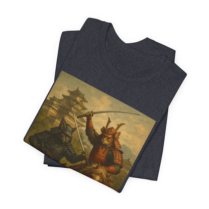 Epic Cat Samurai Battle Tee - War Horses Clash in Front of Japanese Castle  Feline Warrior Art Shirt for Fantasy & Japan Lovers