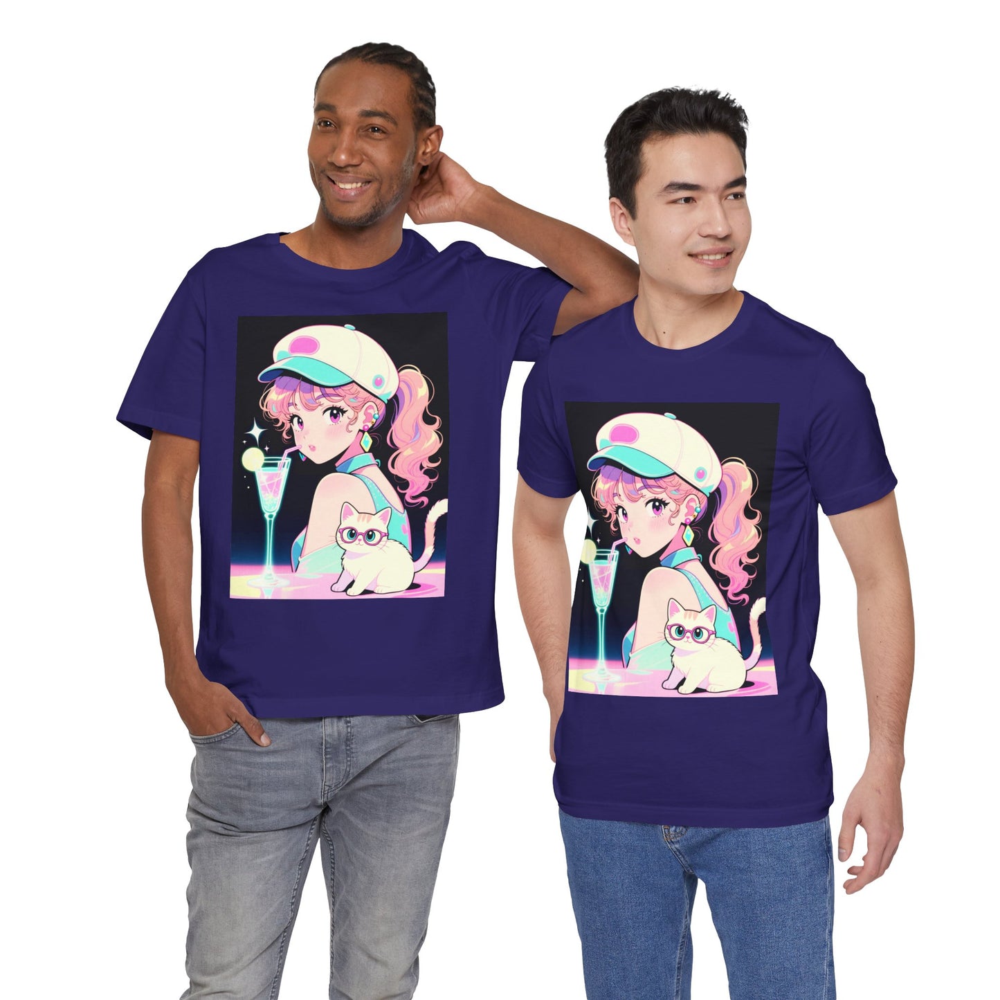 Retro Girl and Cat T Shirt Vaporwave Pastel Anime Shoujo Graphic Tee Neon Cocktail Aesthetic Kawaii Gift for Daughter or Dad Casual Streetwear
