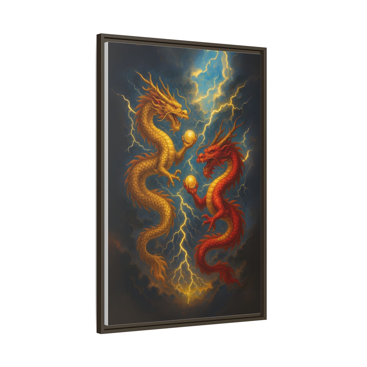 Golden and Red Twin Dragons Canvas Feng Shui Wall Art Lightning Storm Dragon Pearl Good Luck Decor Gift for Dad Living Room