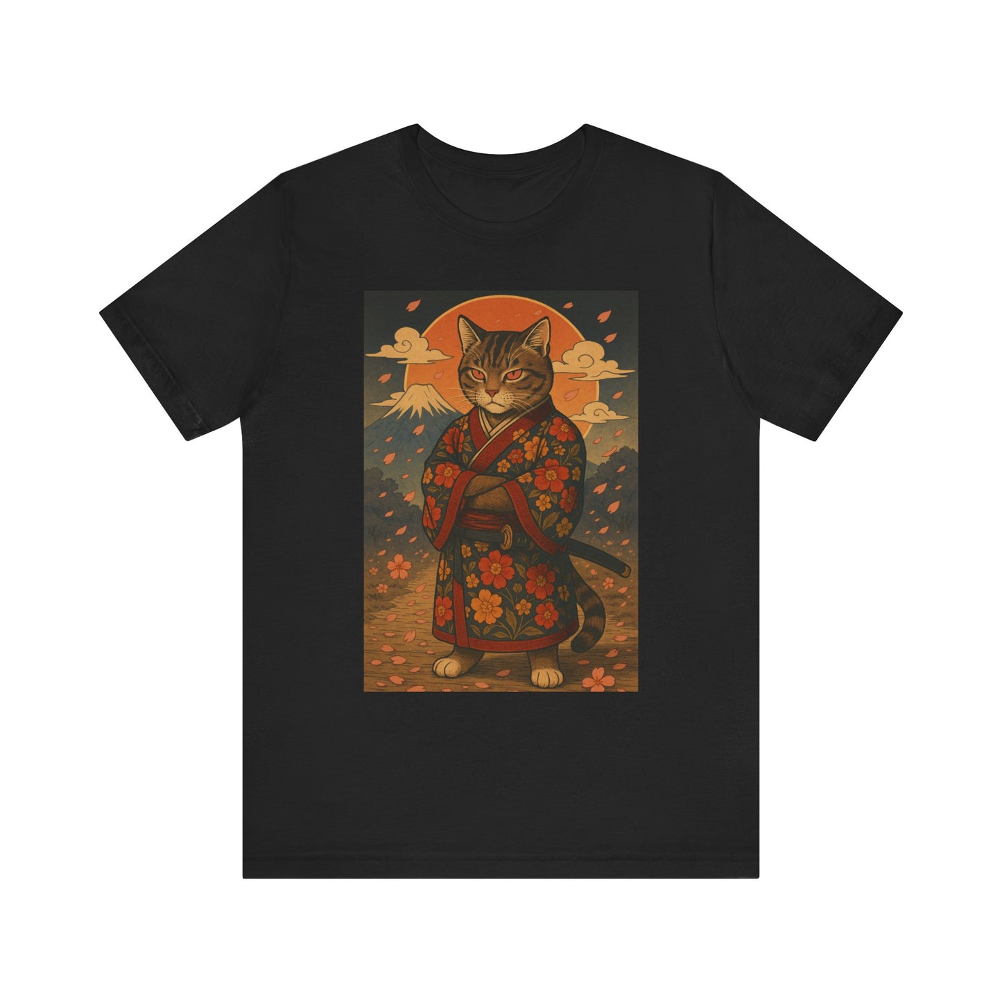 Samurai Cat T-Shirt - Floral Kimono Warrior with Katana | Japanese Ukiyo-e Style, Cherry Blossoms & Mount Fuji | Bold Cat Art Tee
