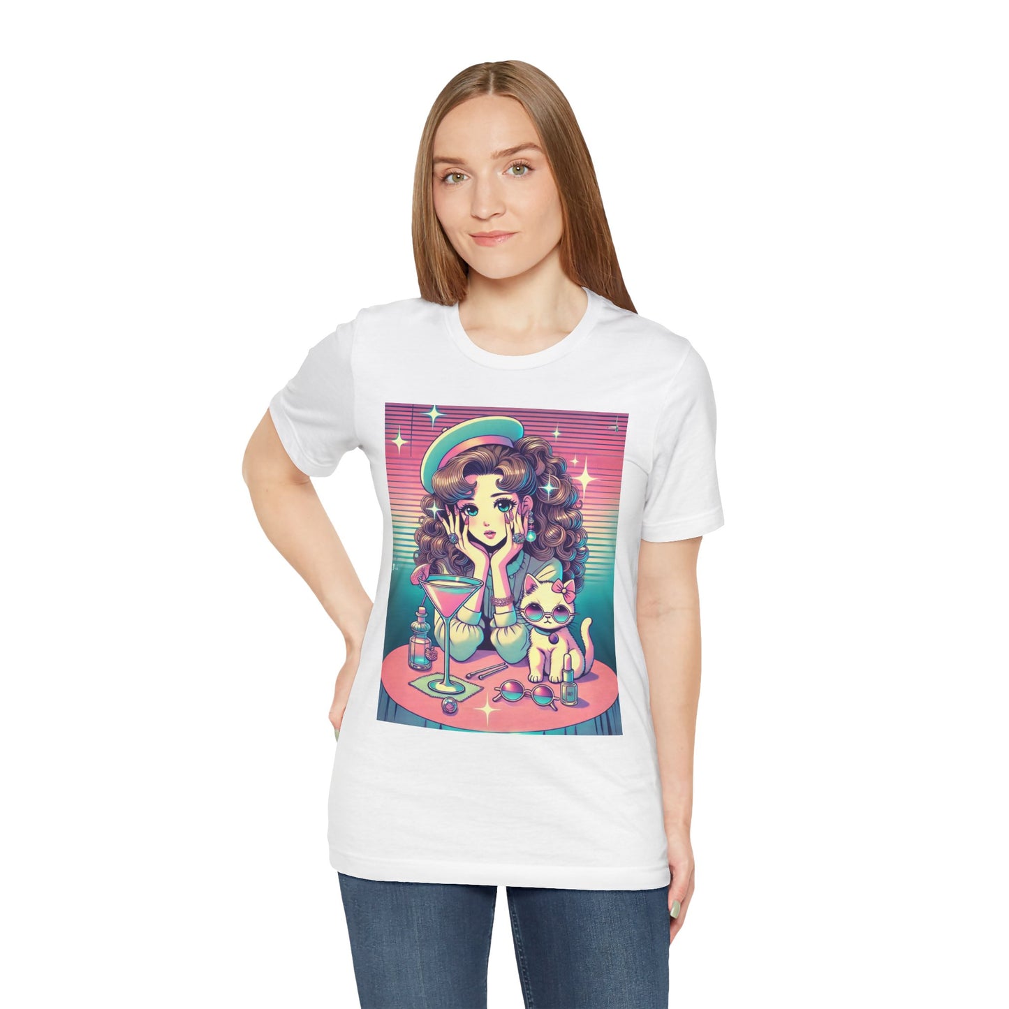 Retro Girl and Cat Graphic Tee Vaporwave Pastel Aesthetic Cocktail Lounge 80s Inspired Shoujo Style T Shirt Gift for Daughter or Dad
