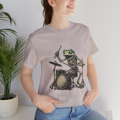 Skeleton Frog Drummer Shirt with Glowing Green Eyes Rock Band Art Tee for Musicians Frog Lovers Halloween and Concert Wear