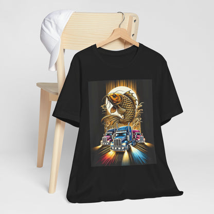 Bold Koi & Truck Fusion T-Shirt | Japanese Golden Carp AND Convoy Art Tee | Vibrant Streetwear for Truckers AND Tattoo Fans No.2