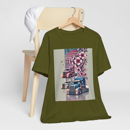 Cherry Blossom Convoy T-Shirt | Japanese Sakura x Modern Truck Art | Unique Graphic Tee for Drivers & Streetwear Lovers No.004