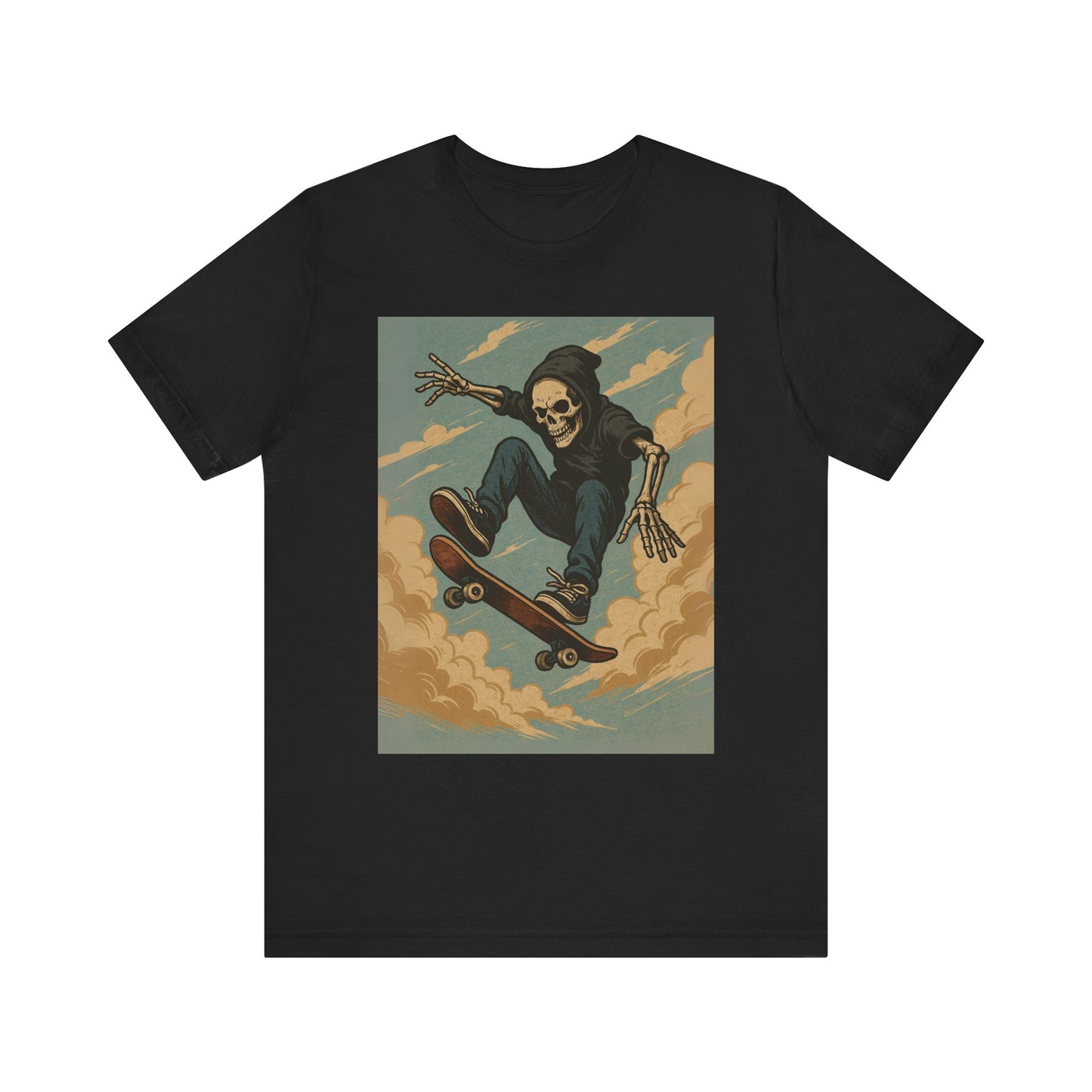 Skater Skeleton Hoodie Graphic Tee - Bold Comic Art Shirt for Men and Women - Colorful Streetwear T-Shirt for Skull and Skate Lovers