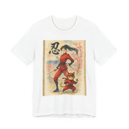 Ninja and Cat Watercolor T-Shirt - Female Ninja in Red Outfit with Katana-Kanji Art, Mount Fuji, Cherry Blossoms - Cool Unise x Japanese Tee