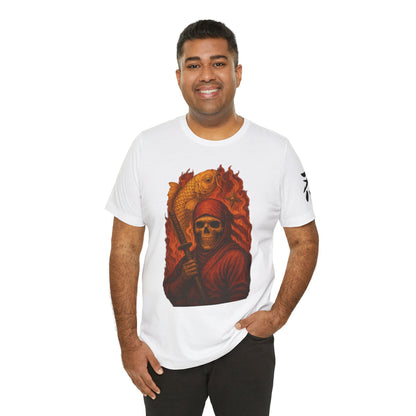 i, High-Detail Gothic Warrior TeDark Red Ninja Skull T-Shirt-Japanese Horror Art, Skeleton Ninja with Golden Koe, Unisex Streetwear