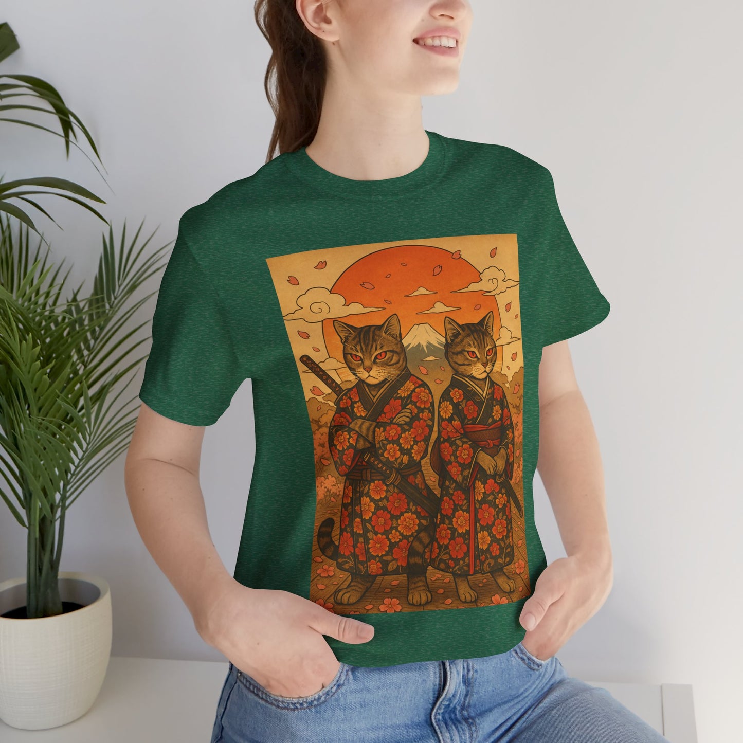 Samurai Cat T-Shirt - Floral Kimono Warrior with Katana | Japanese Ukiyo-e Style, Cherry Blossoms & Mount Fuji | Bold Cat Art Tee