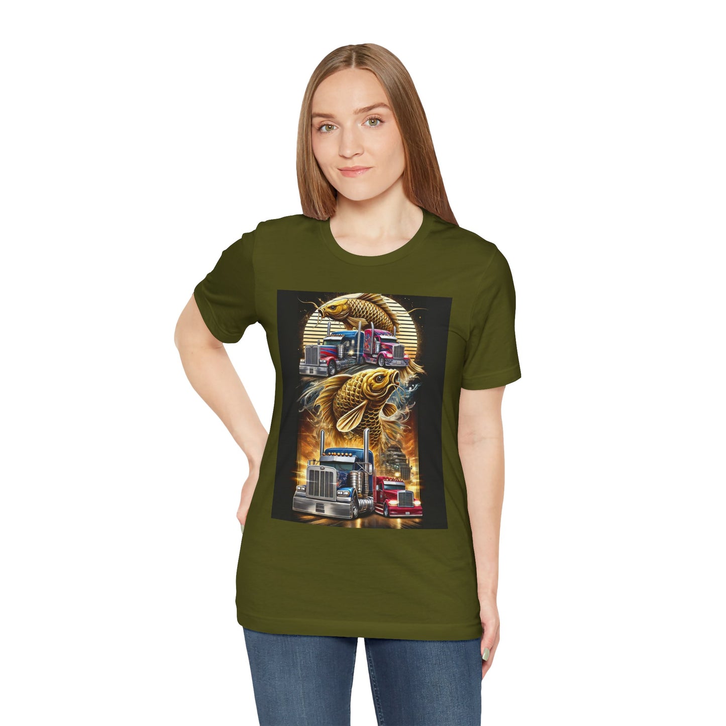 Bold Koi & Truck Fusion T-Shirt | Japanese Golden Carp AND Convoy Art Tee | Vibrant Streetwear for Truckers AND Tattoo Fans