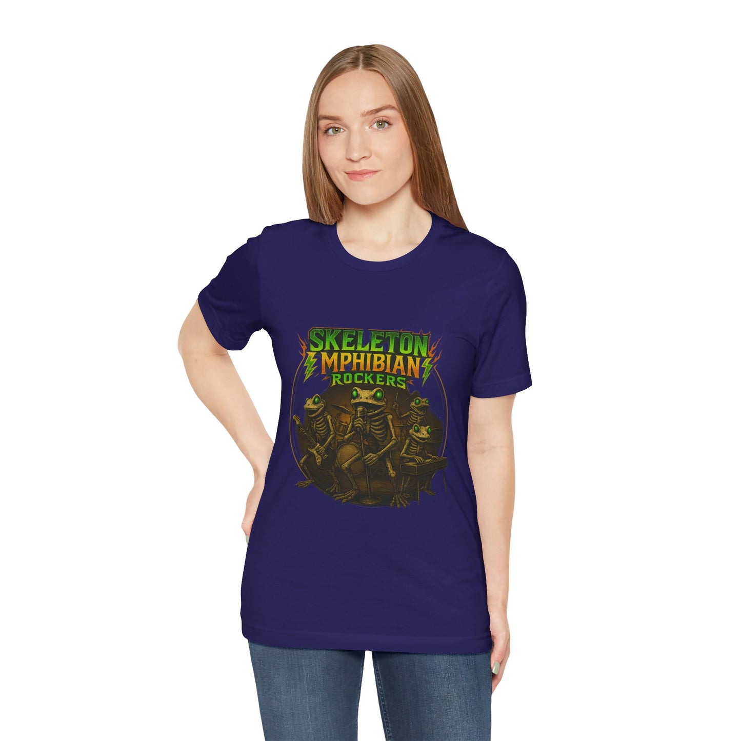 Skeleton Amphibian Rockers Album Cover Tee - Green Eyed Skeleton Frog Band Vocal Guitar Piano Drums Rock Art Shirt