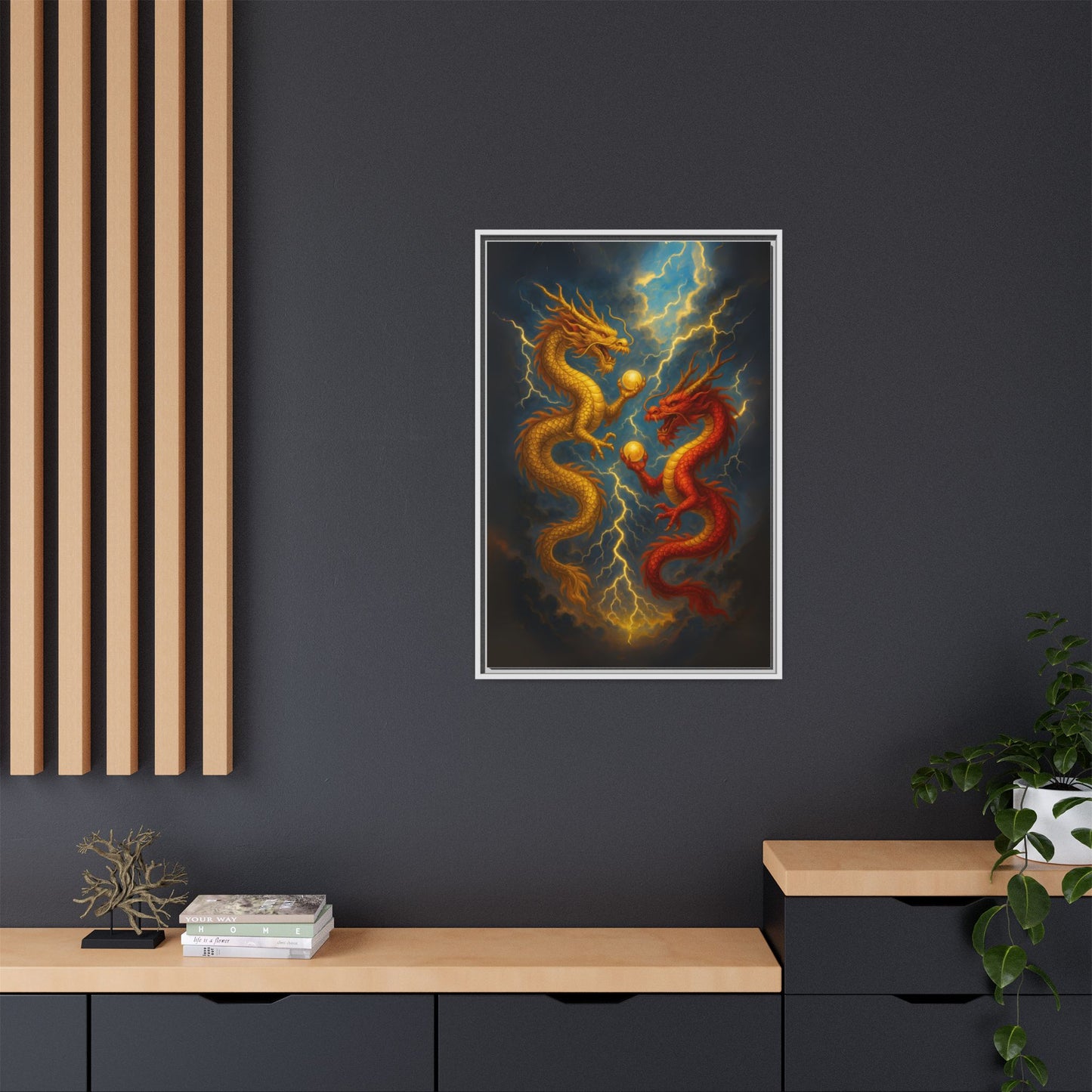 Golden and Red Twin Dragons Canvas Feng Shui Wall Art Lightning Storm Dragon Pearl Good Luck Decor Gift for Dad Living Room