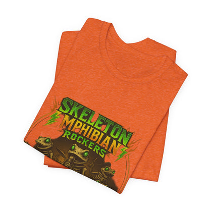 Skeleton Amphibian Rockers Album Cover Tee - Green Eyed Skeleton Frog Band Vocal Guitar Piano Drums Rock Art Shirt