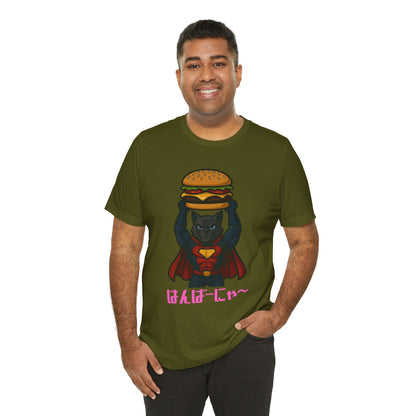 Superhero Cat Holding Cheeseburger T-Shirt - Funny Comic Style Tee for Burger Lovers - Unique Hero Cat Graphic Shirt - Unisex Gift