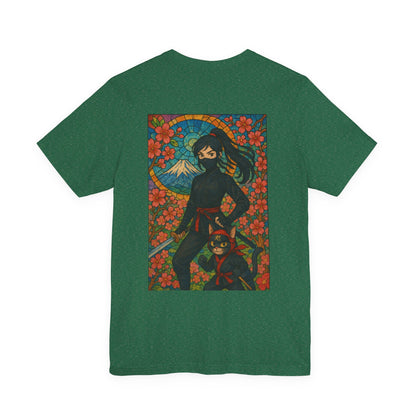 Ninja and Cat T-Shirt - Female Ninja in Black Outfit with Shuriken-Japanese Samurai Style, Mount Fuji, Cherry Blossoms-Cool Unisex Anime Tee