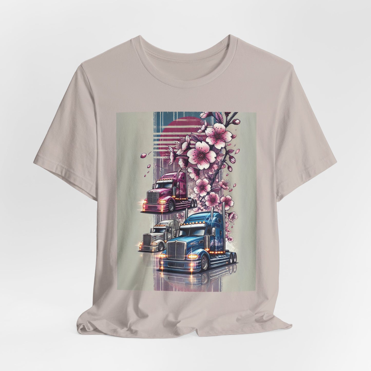 Cherry Blossom Convoy T-Shirt | Japanese Sakura x Modern Truck Art | Unique Graphic Tee for Drivers & Streetwear Lovers No.004