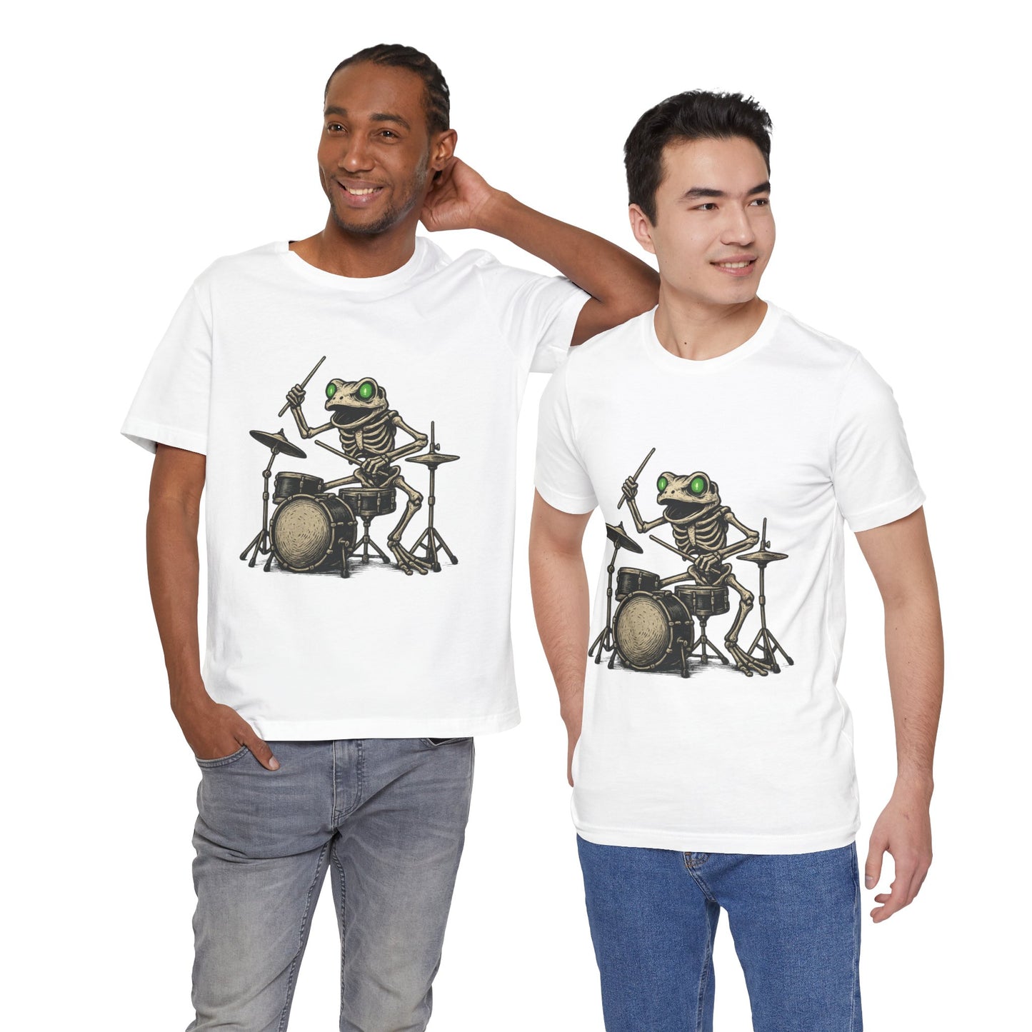 Skeleton Frog Drummer Shirt with Glowing Green Eyes Rock Band Art Tee for Musicians Frog Lovers Halloween and Concert Wear