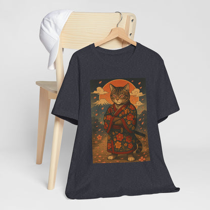 Samurai Cat T-Shirt - Floral Kimono Warrior with Katana | Japanese Ukiyo-e Style, Cherry Blossoms & Mount Fuji | Bold Cat Art Tee