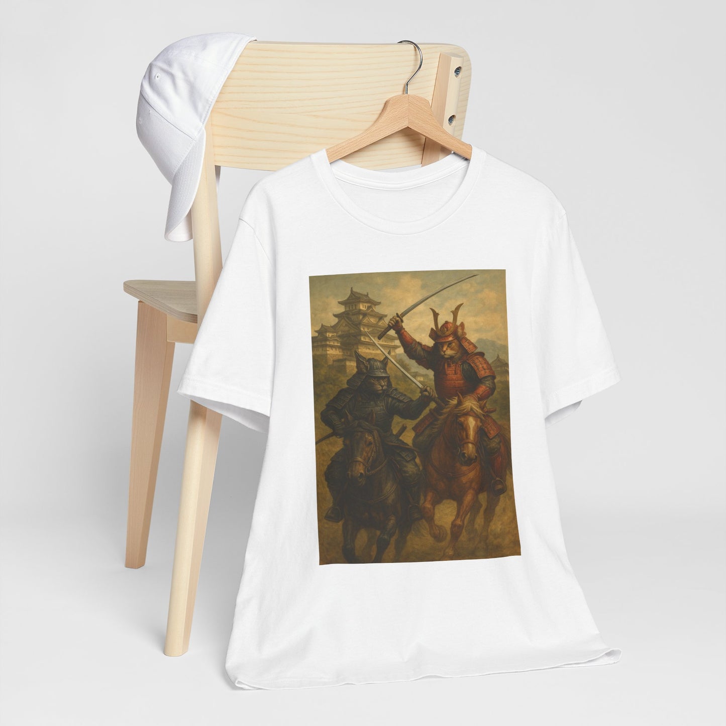 Epic Cat Samurai Battle Tee - War Horses Clash in Front of Japanese Castle  Feline Warrior Art Shirt for Fantasy & Japan Lovers