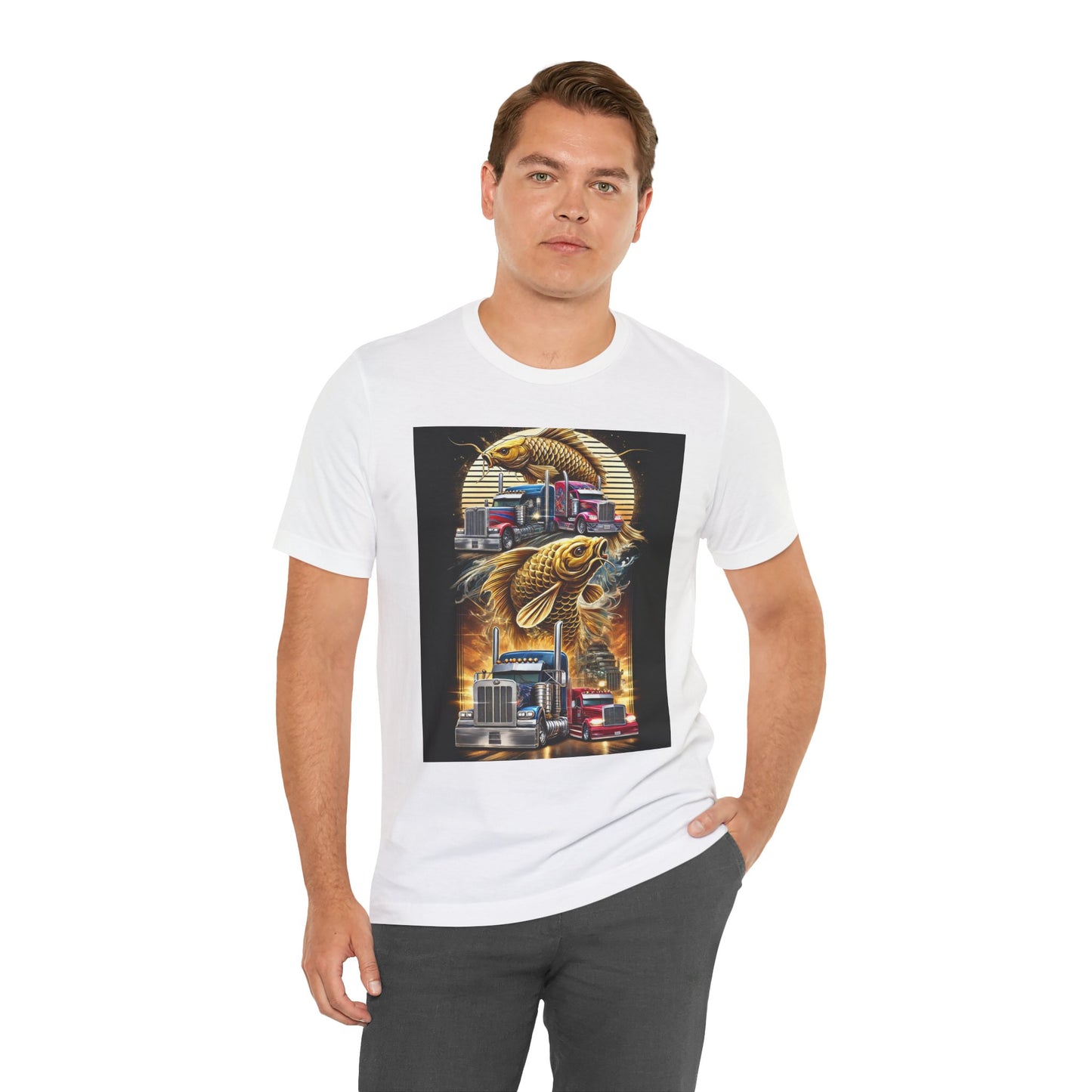 Bold Koi & Truck Fusion T-Shirt | Japanese Golden Carp AND Convoy Art Tee | Vibrant Streetwear for Truckers AND Tattoo Fans