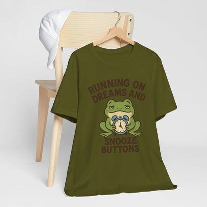 Running on Dreams and Snooze Buttons Shirt Sleepy Frog Tee Funny Night Owl Top Great Dad Gift Cozy Loungewear Aesthetic