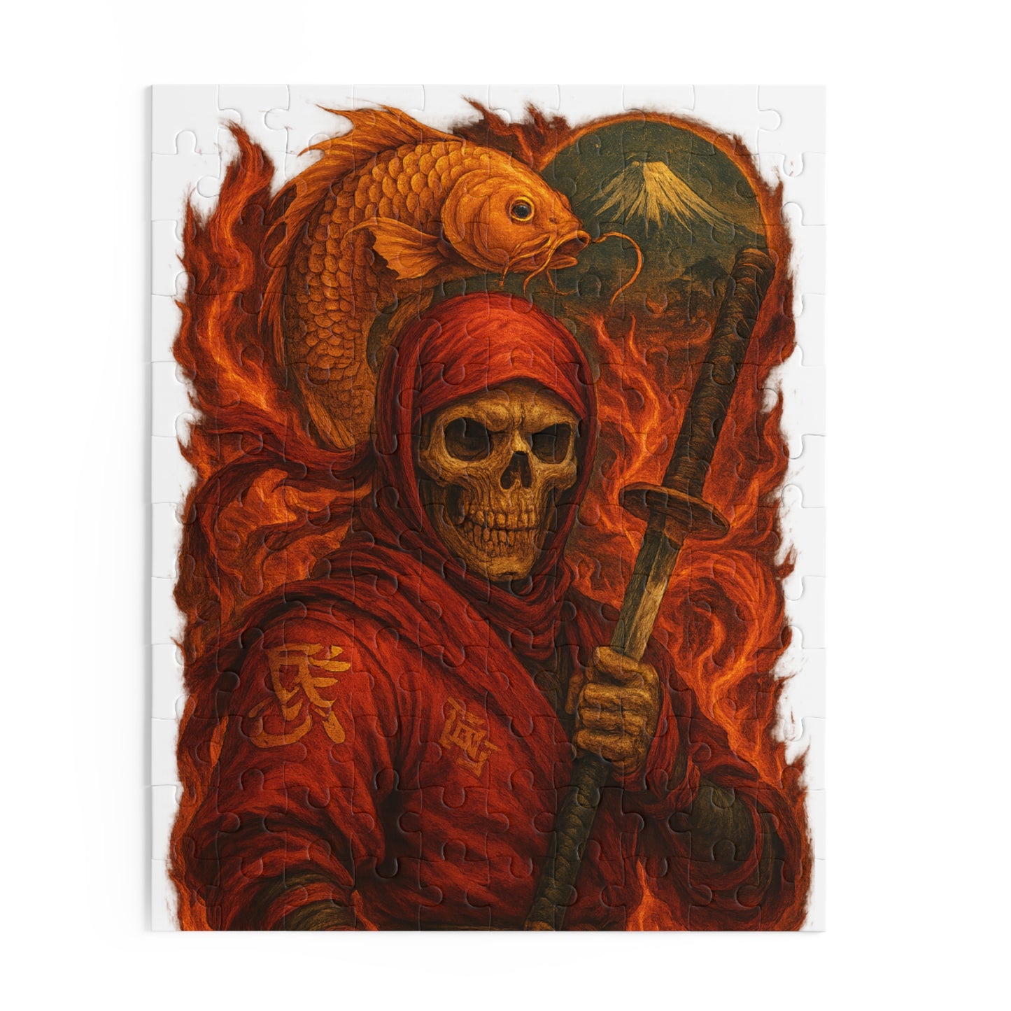 Dark Ninja Skull Puzzle-Gothic Japanese Horror Art, Golden Koi & Fire, High-Detail Mystery Warrior Jigsaw for Adults, Unique Gift Idea