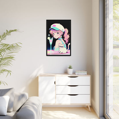 Retro Girl and Cat Canvas Vaporwave Pastel Anime Shoujo Wall Art Neon Cocktail Aesthetic Kawaii Gift for Daughter or Dad