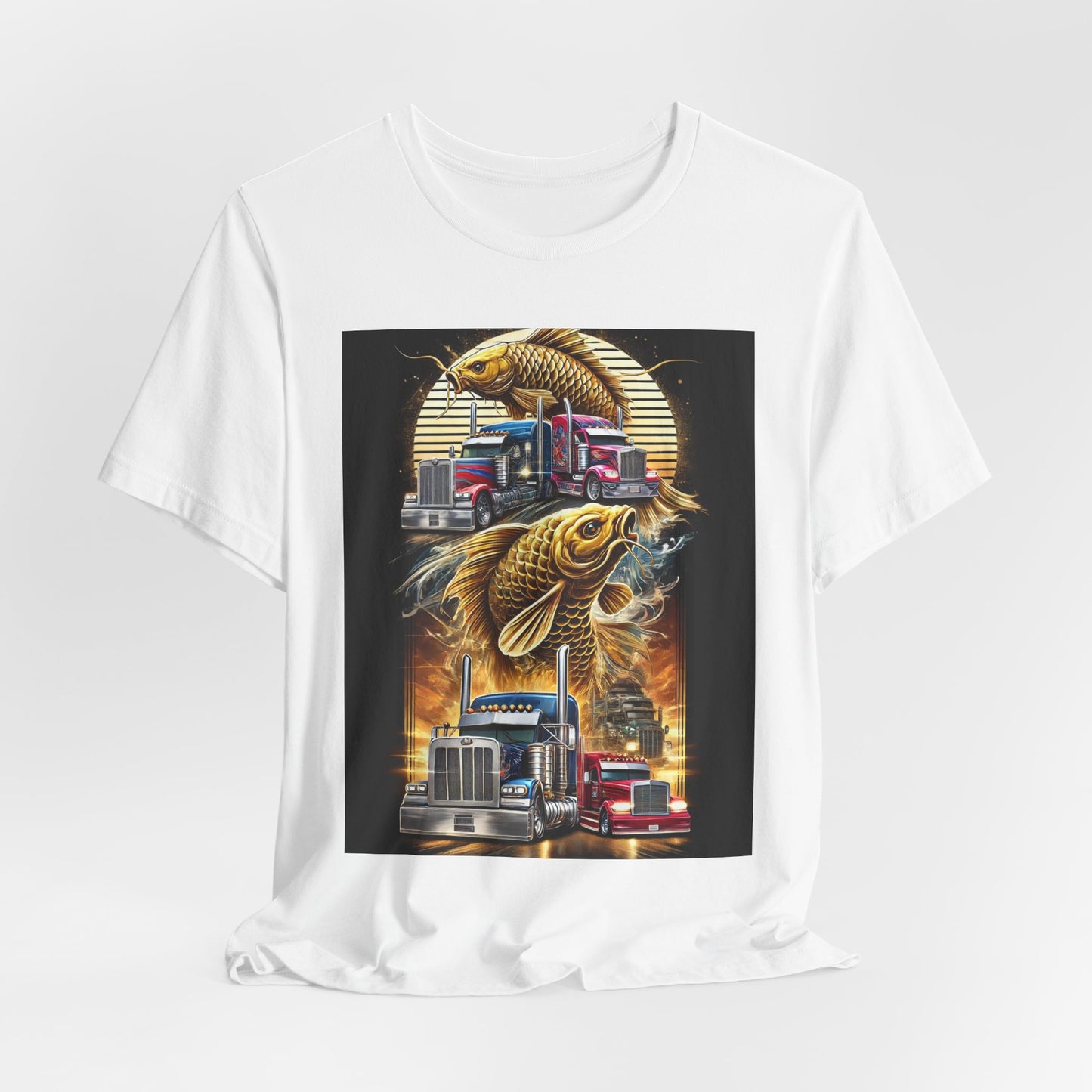 Bold Koi & Truck Fusion T-Shirt | Japanese Golden Carp AND Convoy Art Tee | Vibrant Streetwear for Truckers AND Tattoo Fans