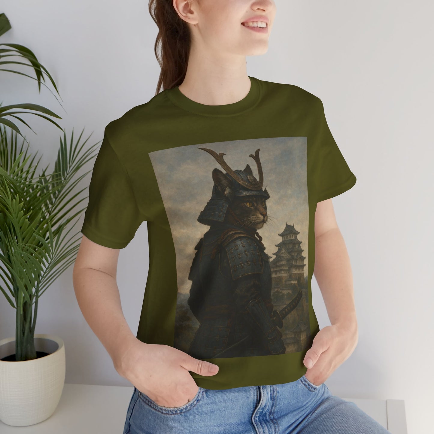 Cat Samurai Vigil Tee | Armored Feline Warrior w/ Castle Backdrop | Japanese Art Unisex Shirt