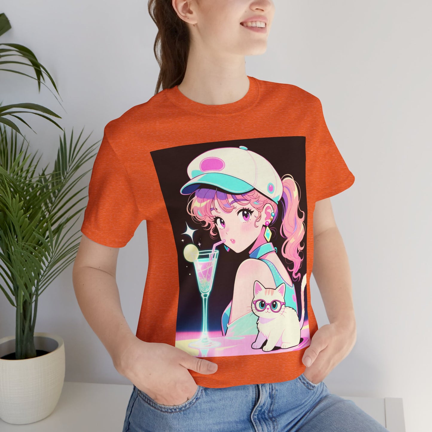 Retro Girl and Cat T Shirt Vaporwave Pastel Anime Shoujo Graphic Tee Neon Cocktail Aesthetic Kawaii Gift for Daughter or Dad Casual Streetwear