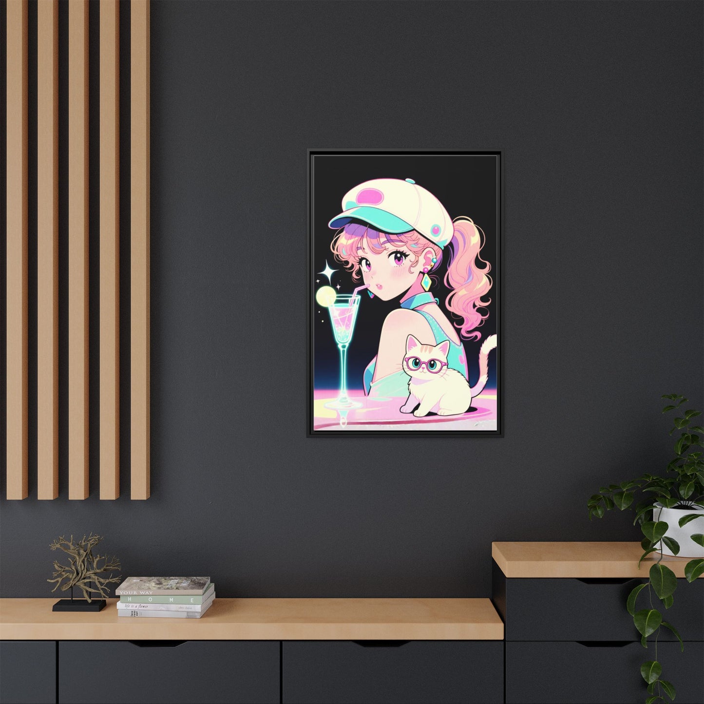 Retro Girl and Cat Canvas Vaporwave Pastel Anime Shoujo Wall Art Neon Cocktail Aesthetic Kawaii Gift for Daughter or Dad