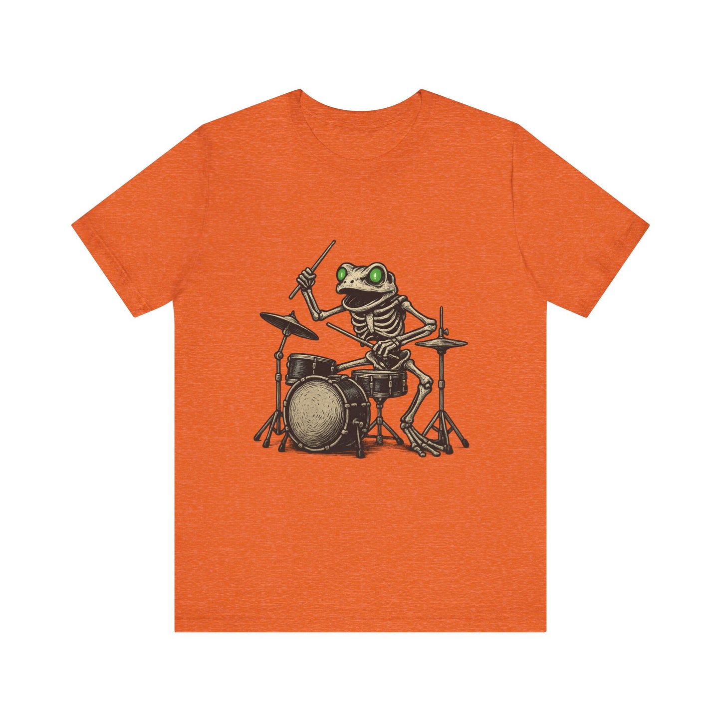 Skeleton Frog Drummer Shirt with Glowing Green Eyes Rock Band Art Tee for Musicians Frog Lovers Halloween and Concert Wear