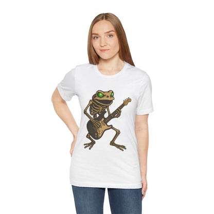 Skeleton Frog Shredding Electric Guitar Tee - Glowing Green Eyes Rock Art Shirt for Musicians Frog Lovers and Gothic Punk Style