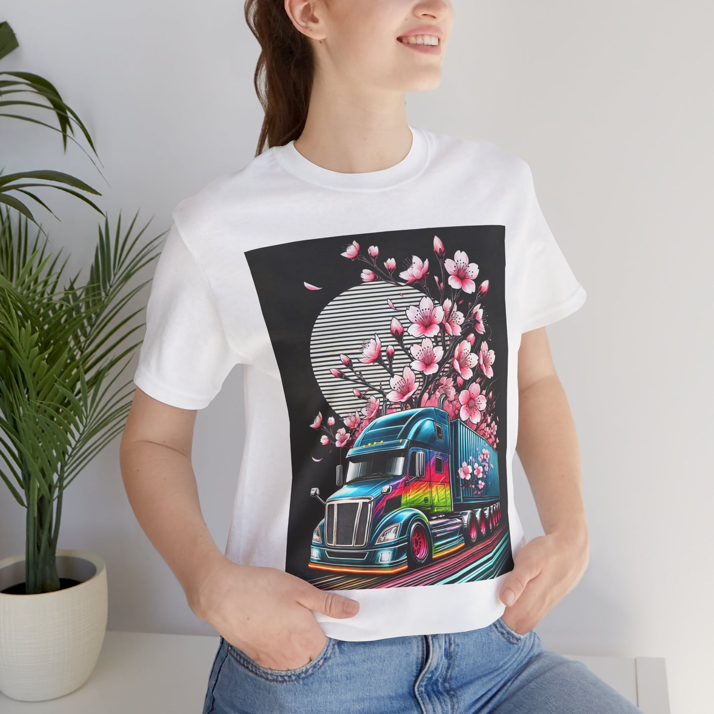Cherry Blossom Convoy T-Shirt | Japanese Sakura x Modern Truck Art | Unique Graphic Tee for Drivers & Streetwear Lovers No.003