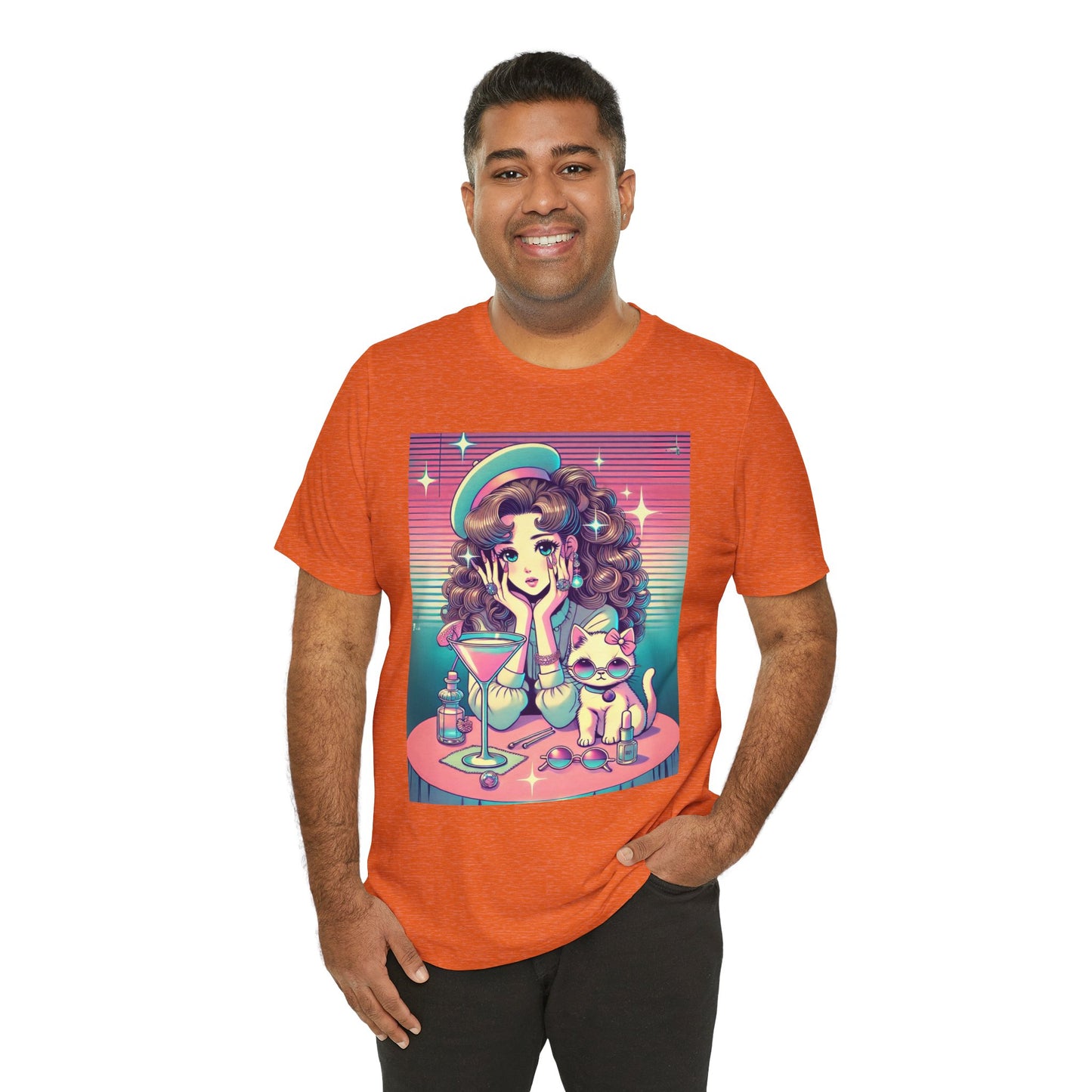 Retro Girl and Cat Graphic Tee Vaporwave Pastel Aesthetic Cocktail Lounge 80s Inspired Shoujo Style T Shirt Gift for Daughter or Dad