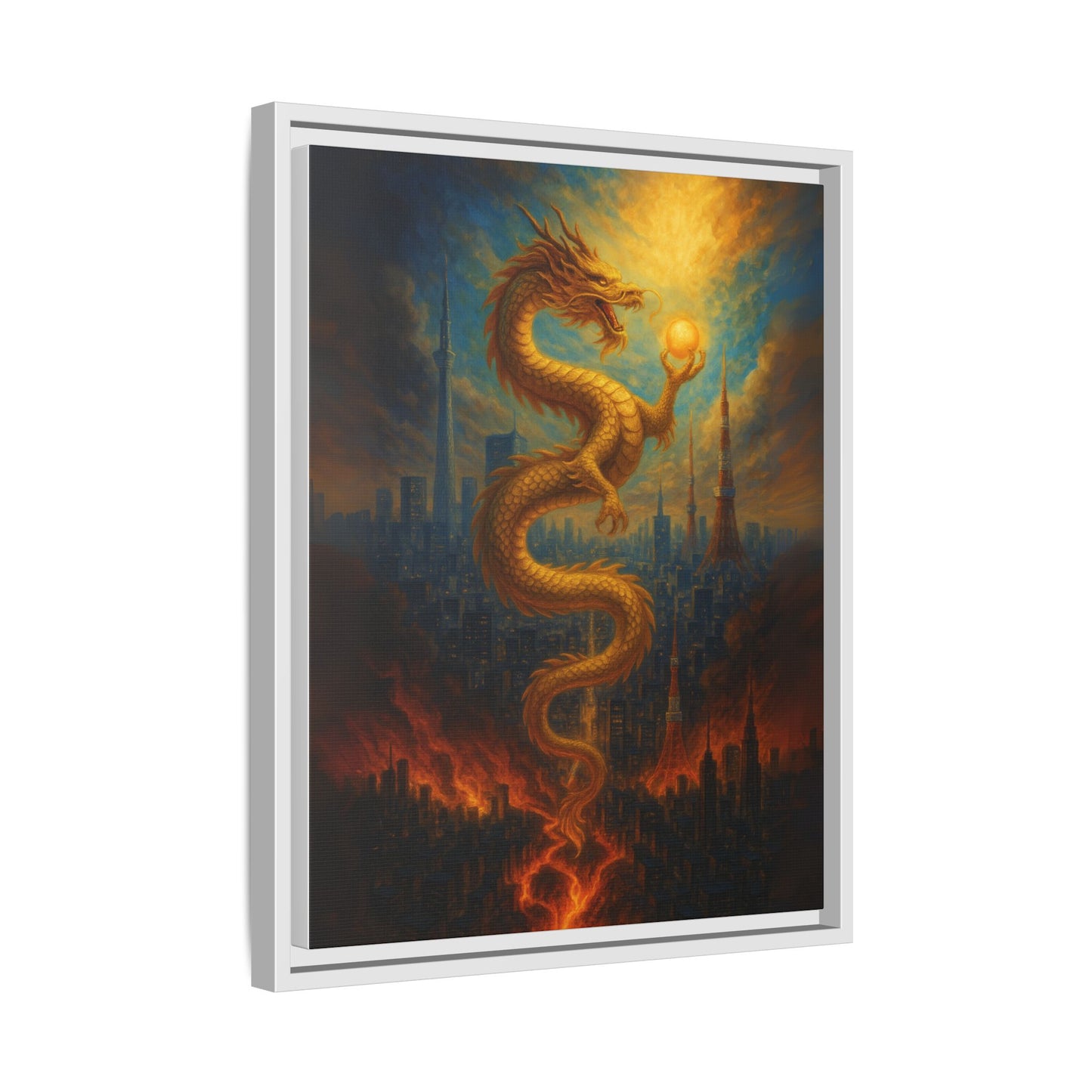 Neo Tokyo Golden Dragon Canvas Wall Art Japan Inspired Skyline Painting Feng Shui Good Luck Decor Dragon Pearl Gift for Dad