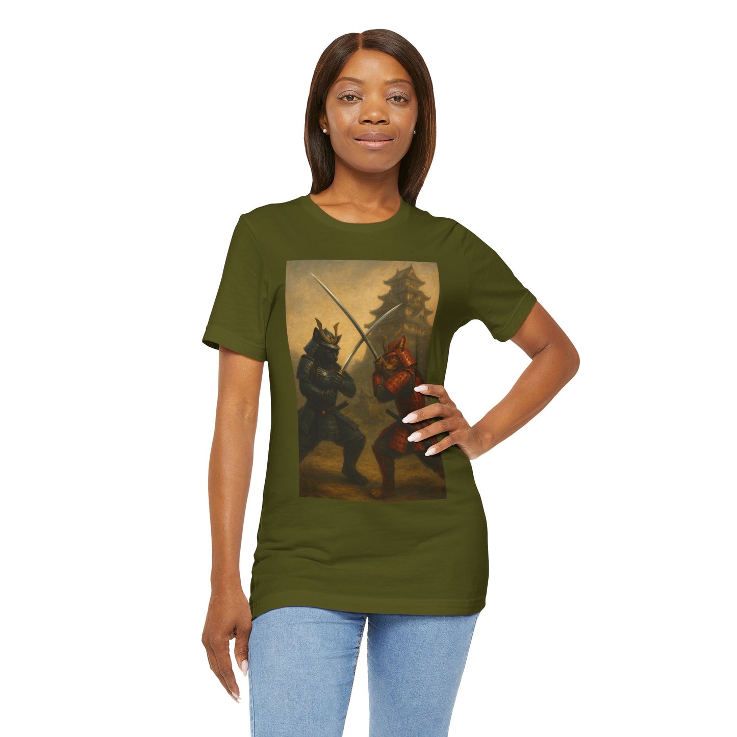 Epic Cat Samurai Battle Tee - War Horses Clash in Front of Japanese Castle  Feline Warrior Art Shirt for Fantasy & Japan Lovers