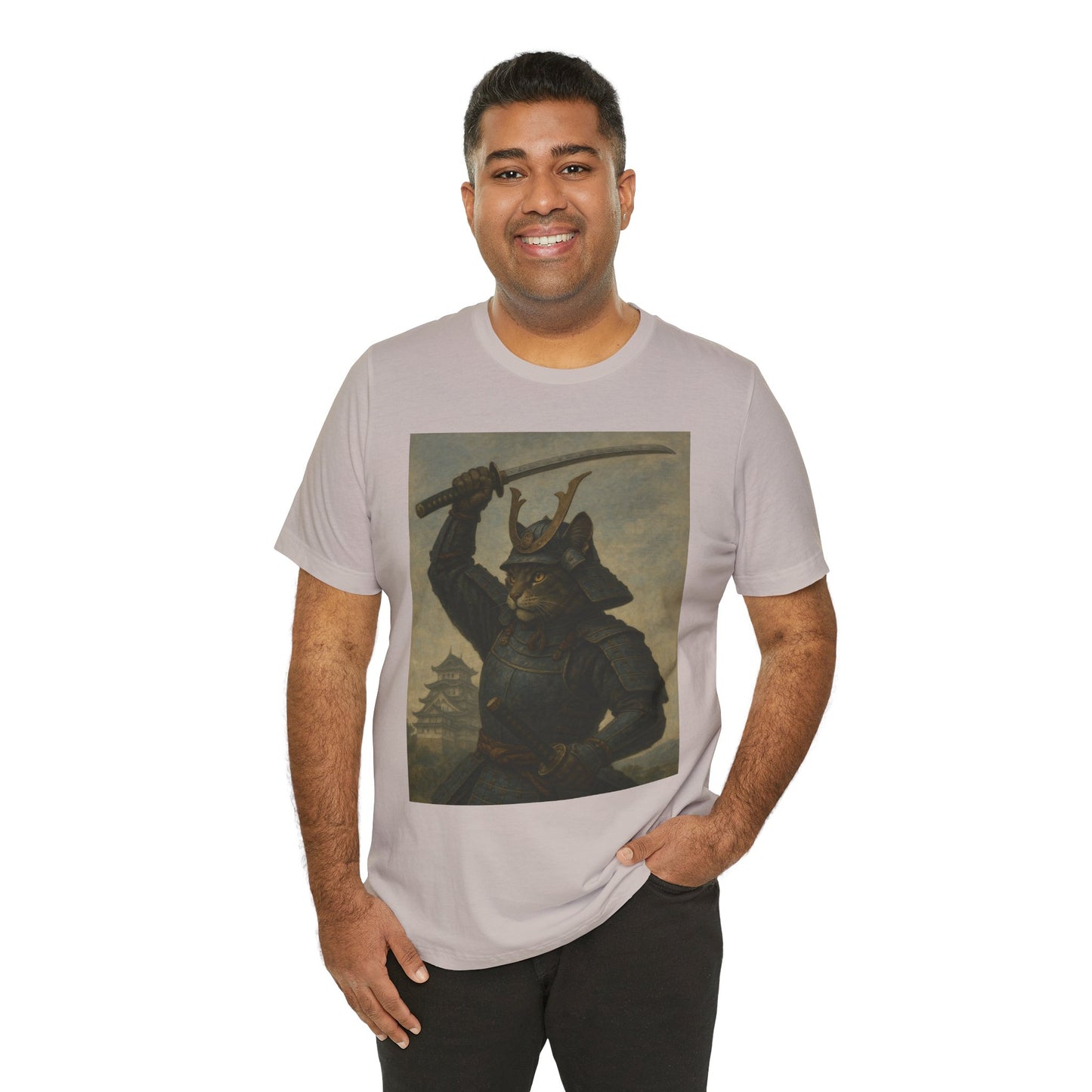 Cat Samurai Strike Tee | Epic Armored Feline Raising Katana | Japanese Warrior Art Unisex Shirt