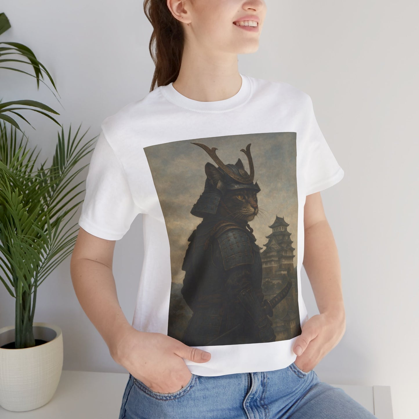 Cat Samurai Vigil Tee | Armored Feline Warrior w/ Castle Backdrop | Japanese Art Unisex Shirt