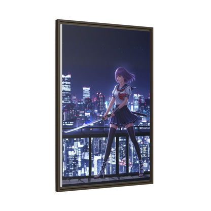 Anime Warrior Girl Canvas Tokyo Night Skyline Katana Wall Art Futuristic Heroine Gift for Daughter or Dad Gaming Room Decor